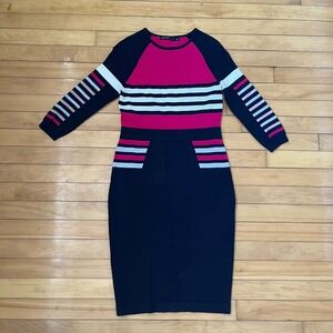 Karen Millen Colorblock Knit Bodycon Midi Dress Black Pink White Size Medium